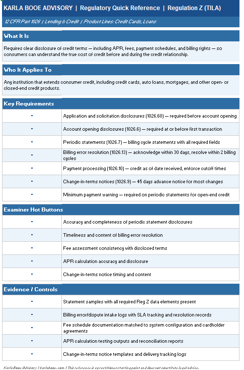 Regulatory Quick Reference Regulation Z compliance tool for community banks and fintechs — Karla Booe Advisory