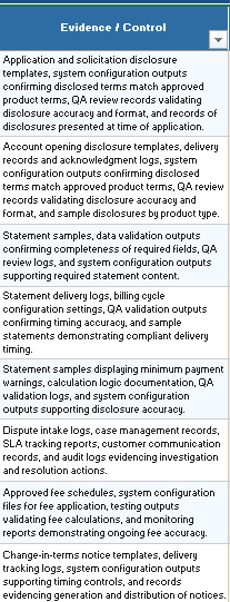 Credit card compliance evidence and controls mapping tool showing application disclosures, statement samples, and audit logs — Karla Booe Advisory