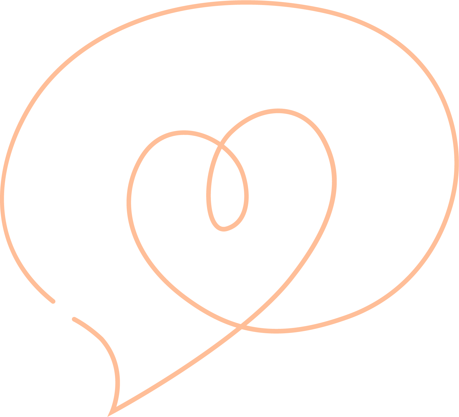 Blossom-colored line drawing of a heart inside of a speech bubble for the "T" Tone & Temperament Awareness in Sylva School's pedagogy, E.M.P.A.T.H.Y.S.
