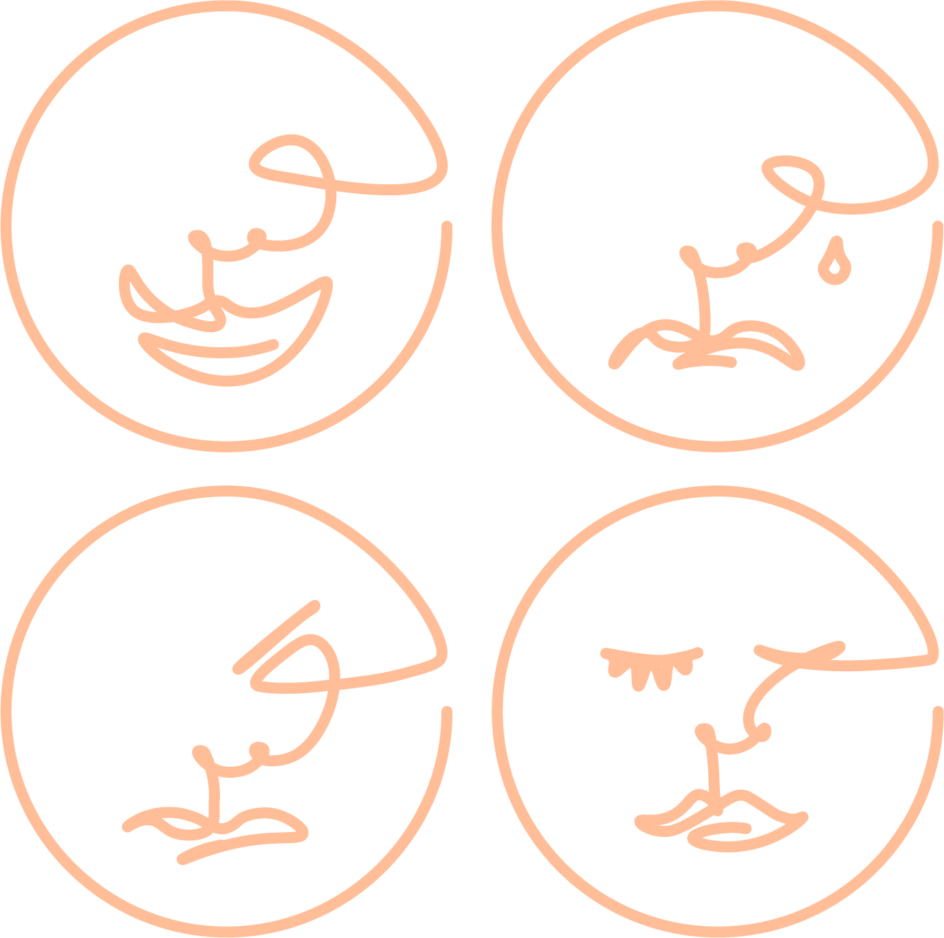 Blossom-colored line drawing of 4 different faces showcasing different emotions for the "E" Emotional Labeling in Sylva School's pedagogy, E.M.P.A.T.H.Y.S.