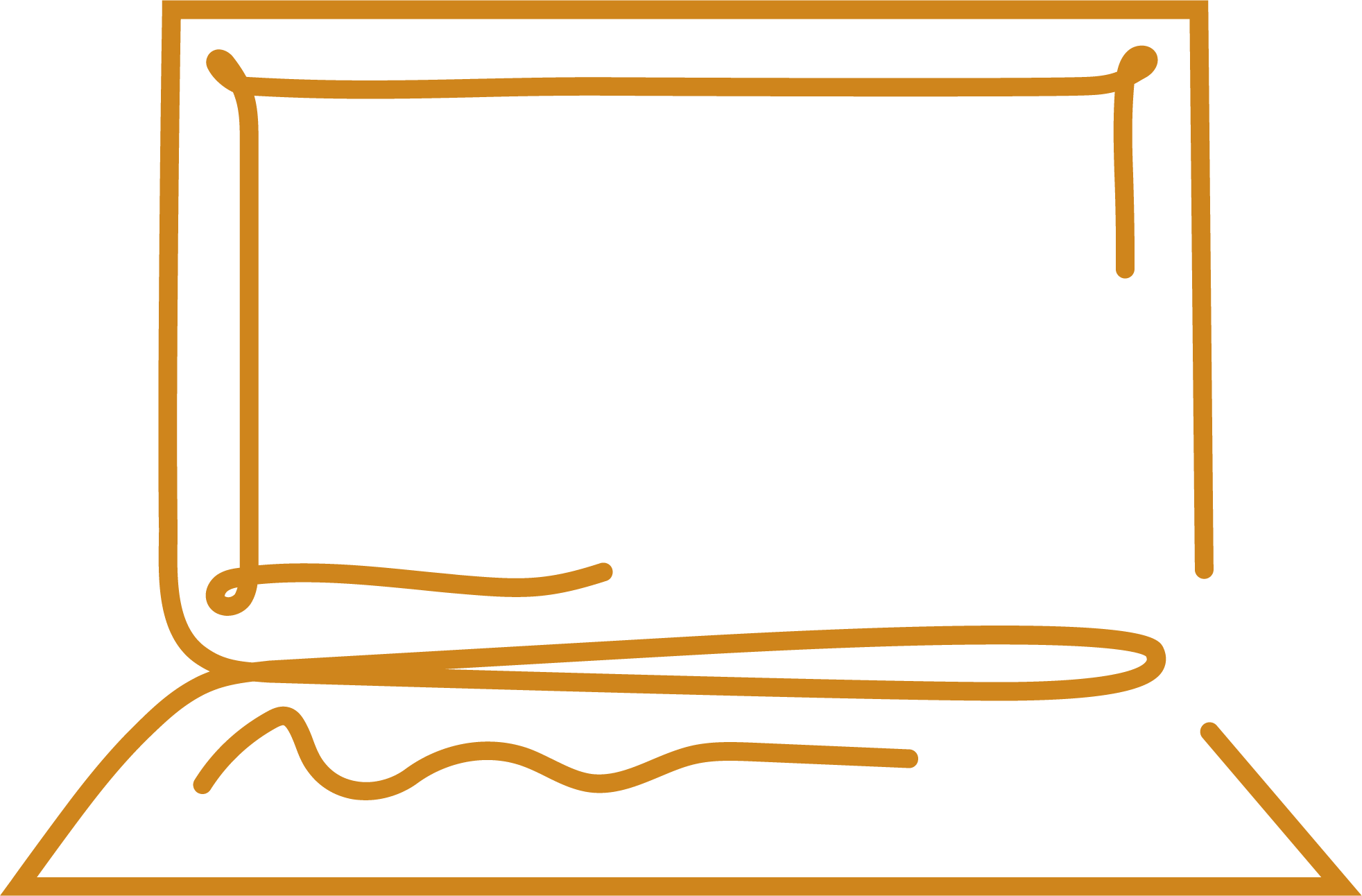 Amber-colored line drawing of a laptop.