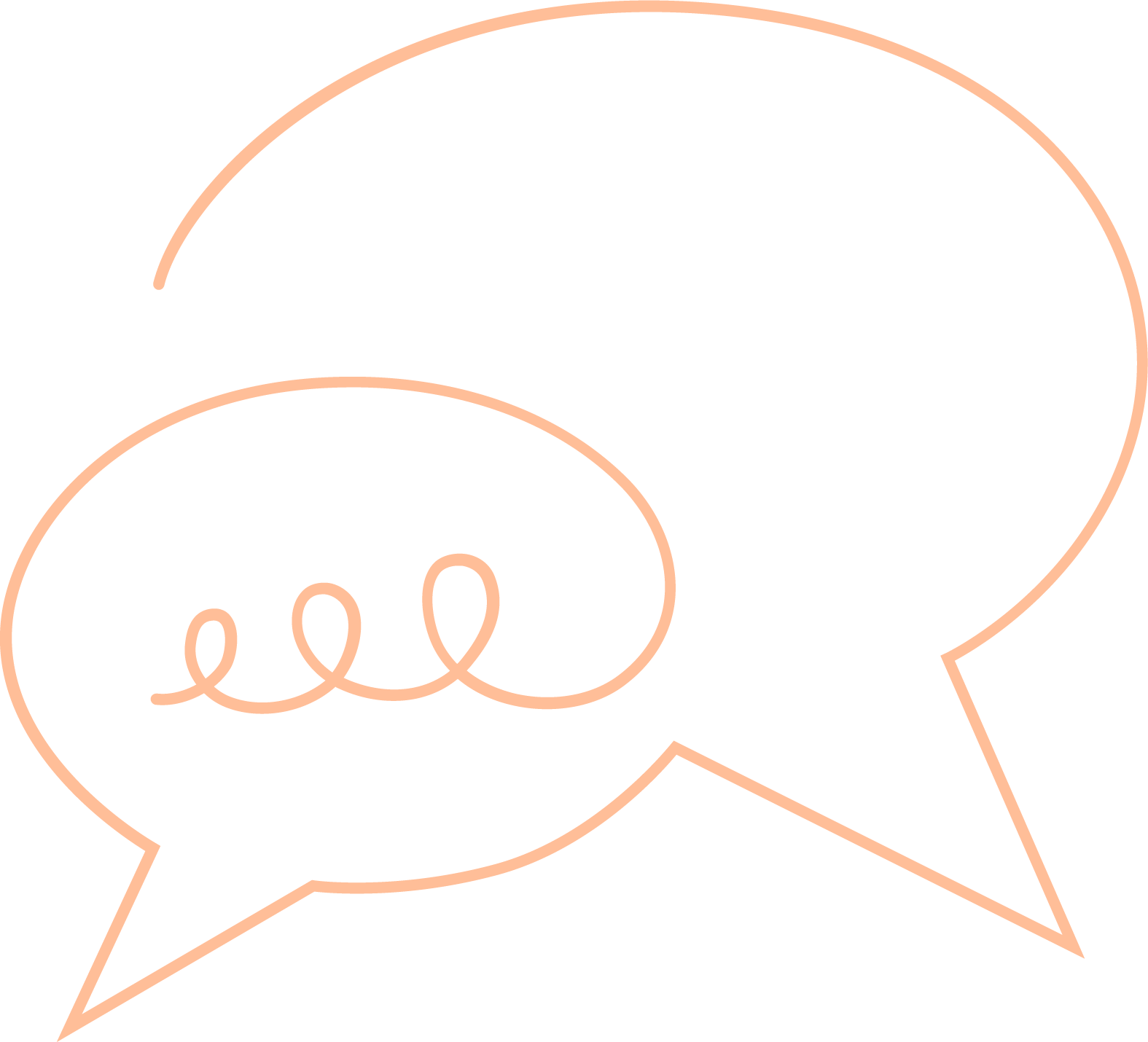 Blossom-colored line drawing of two connected speech bubbles for the "A" Assumption Audits in Sylva School's pedagogy, E.M.P.A.T.H.Y.S.