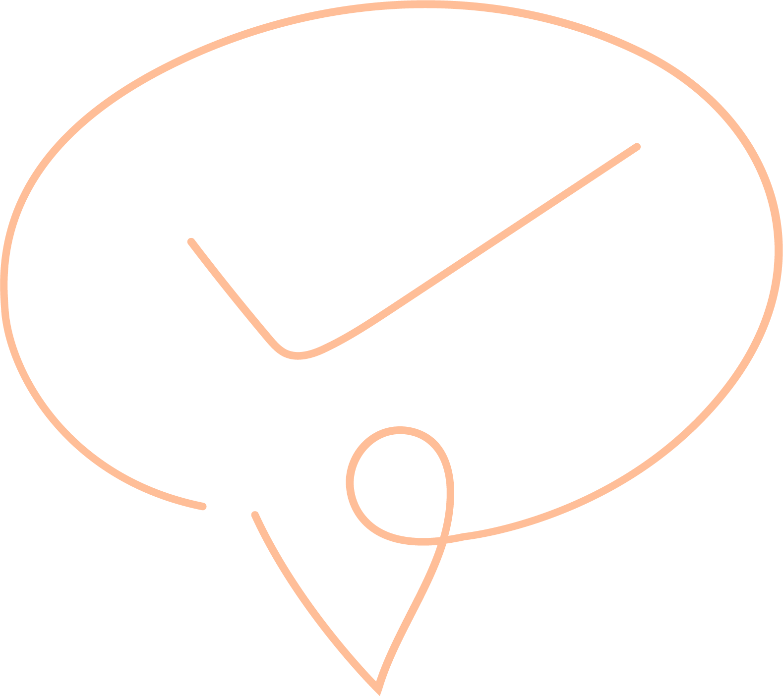 Blossom-colored line drawing of check mark inside of a communication bubble for the "S" Summary & Positive Anchorning in Sylva School's pedagogy, E.M.P.A.T.H.Y.S.