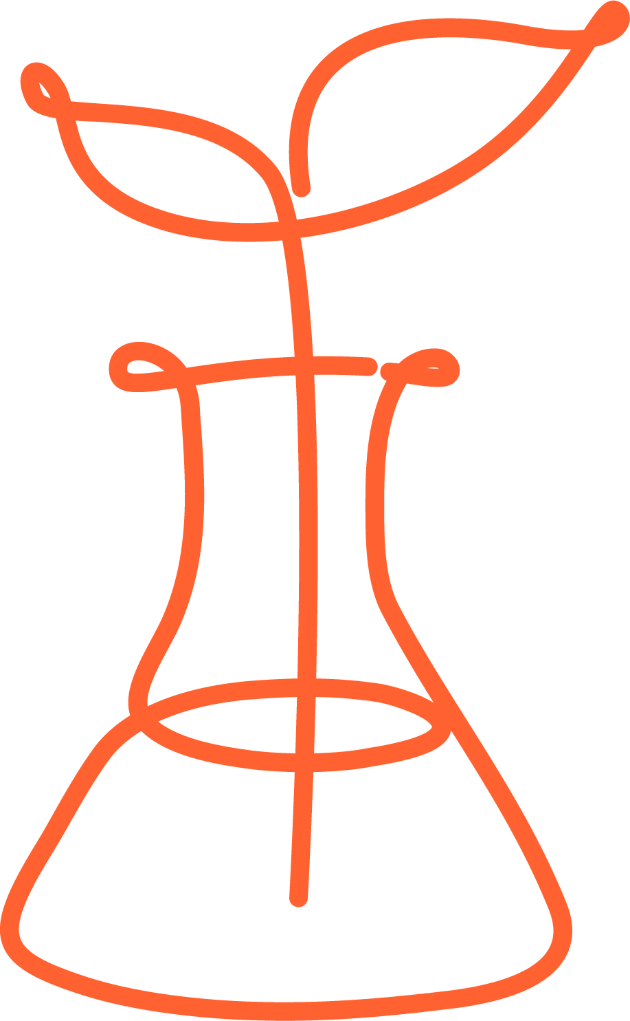 Poppy-colored line drawing of an Erlenmeyer Flask, filled with liquid, and plant coming out of the top.