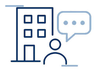 Icon of a person with a speech bubble, a building with multiple windows, and a location marker.