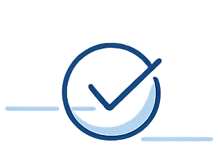 A large blue checkmark inside a circle, placed over a background of stacked documents or papers.
