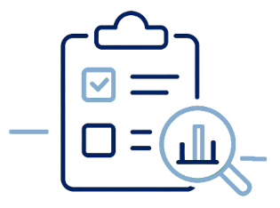 Illustration of a clipboard with checkboxes and a magnifying glass focusing on a bar chart.