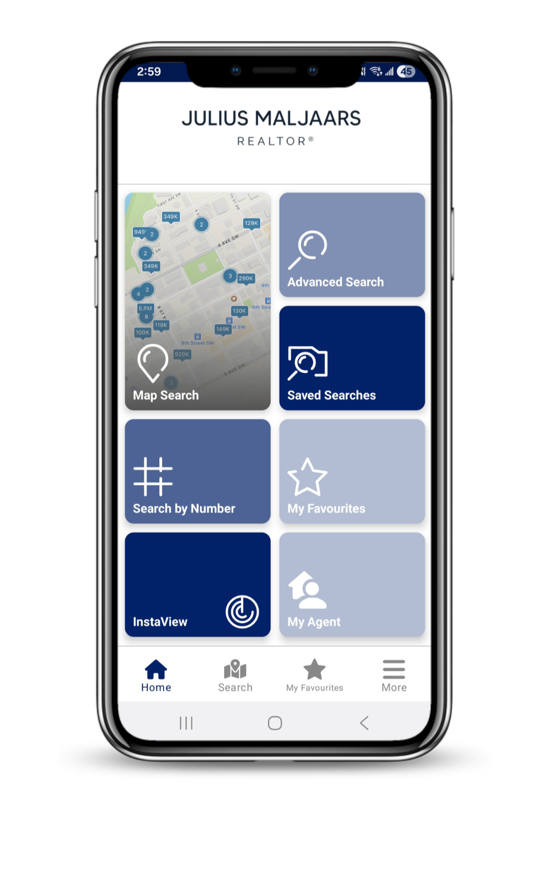 Mobile app screen for real estate search with options like Map Search, Advanced Search, Saved Searches, Search by Number, My Favourites, InstaView, and My Agent. The app displays a map with property listings and prices.
