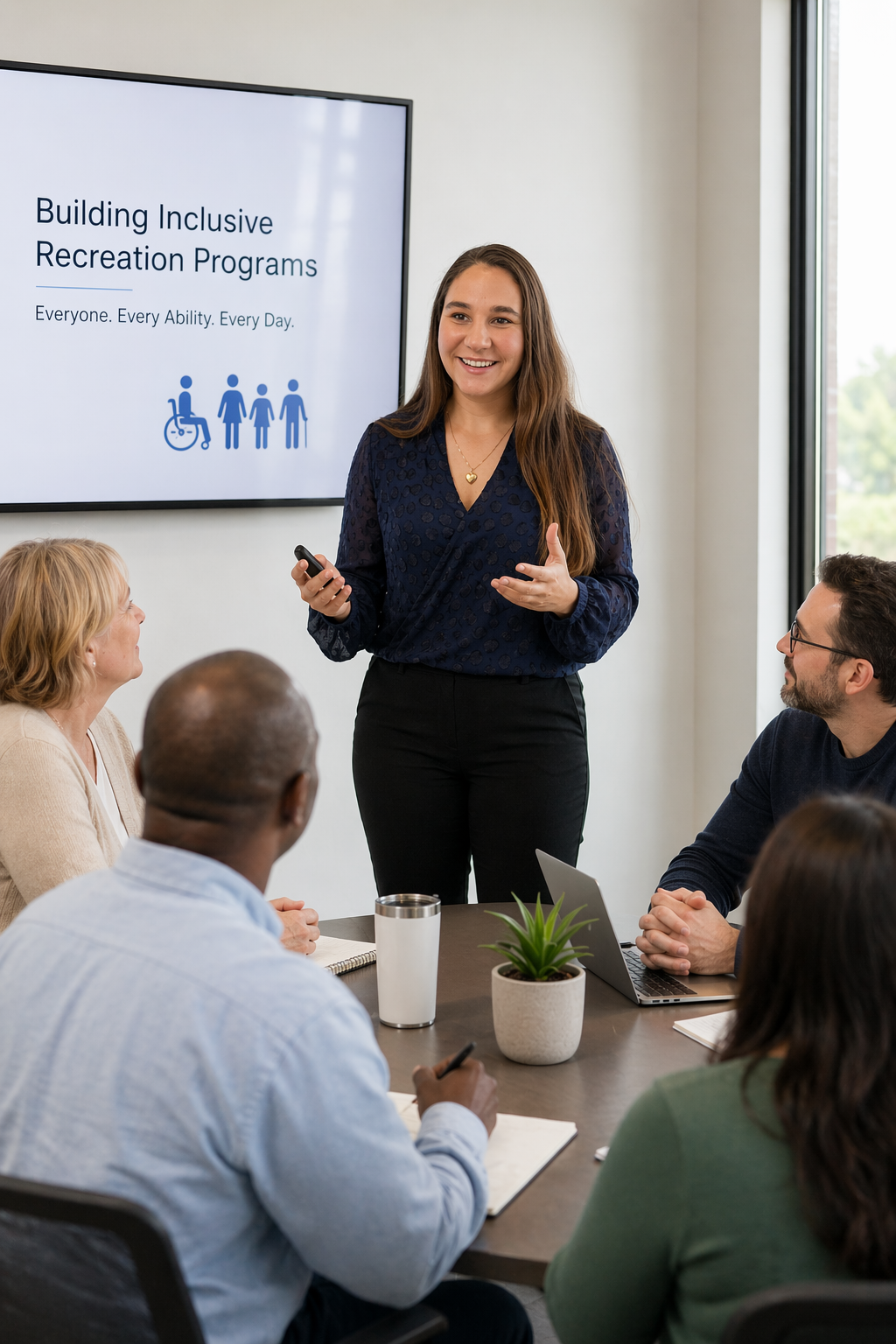 A woman presenting to a group of people in a meeting room. The presentation slide on the screen reads 'Building Inclusive Recreation Programs. Everyone. Every Ability. Every Day.' The woman is smiling, holding a remote, and engaging with the audience.