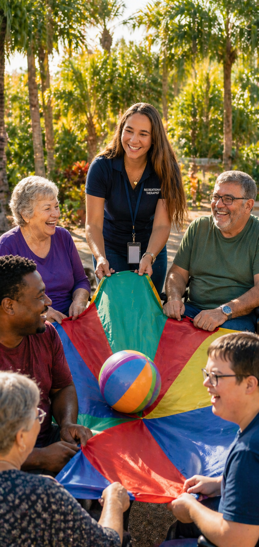 A group of diverse people, including seniors and young adults, are outdoors playing with a colorful beach ball and a rainbow parachute, smiling and having fun.