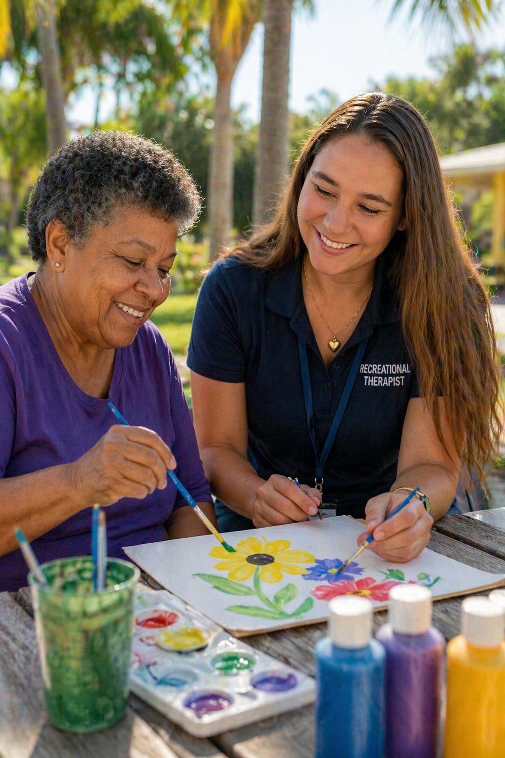 Recreational therapist and elderly woman painting flowers on a paper outdoors with paint and brushes.
