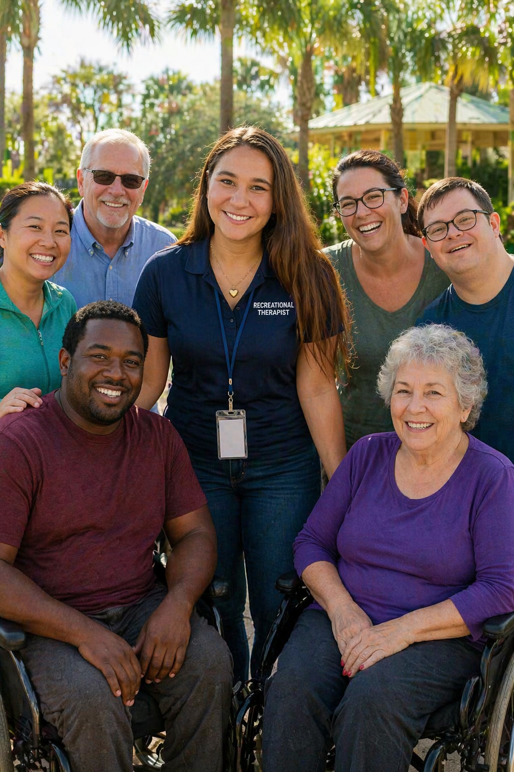 Group of diverse people outdoors, including a woman wearing a navy shirt with 'Recreational Therapist' on it, smiling at the camera, with others standing and sitting in front of a park setting with trees and a gazebo.