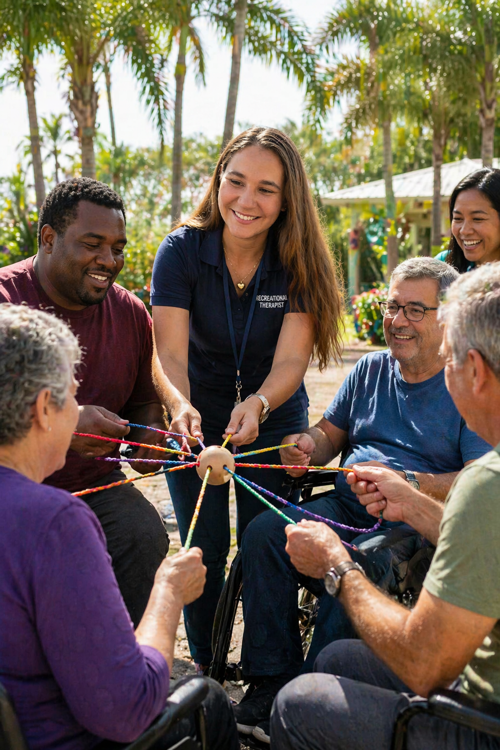 Group of diverse adults playing with a colorful ball and strings outdoors, smiling and interacting among palm trees.