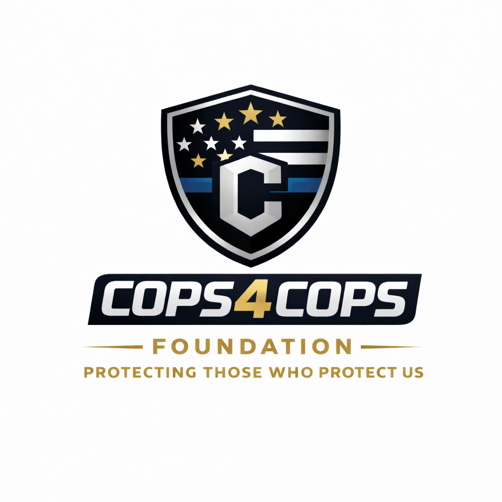 Logo of Cops 4 Cops Foundation featuring a shield with stars and stripes and a large letter 'C', with the text 'Cops 4 Cops Foundation Protecting Those Who Protect Us'.