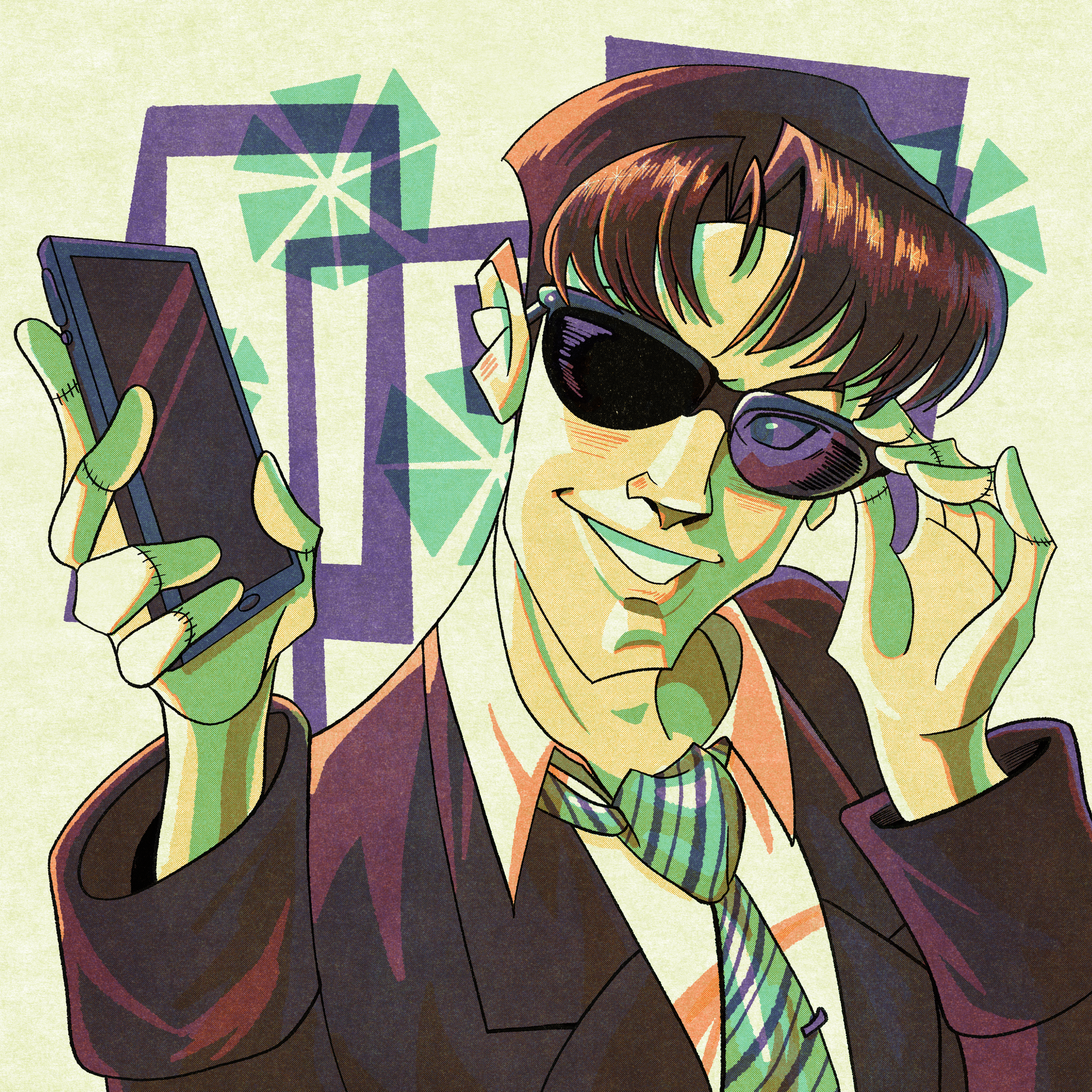 Riso print of Rock Holmes, a character by Osamu Tezuka, made for a collaboration with artist @pichichu_studio