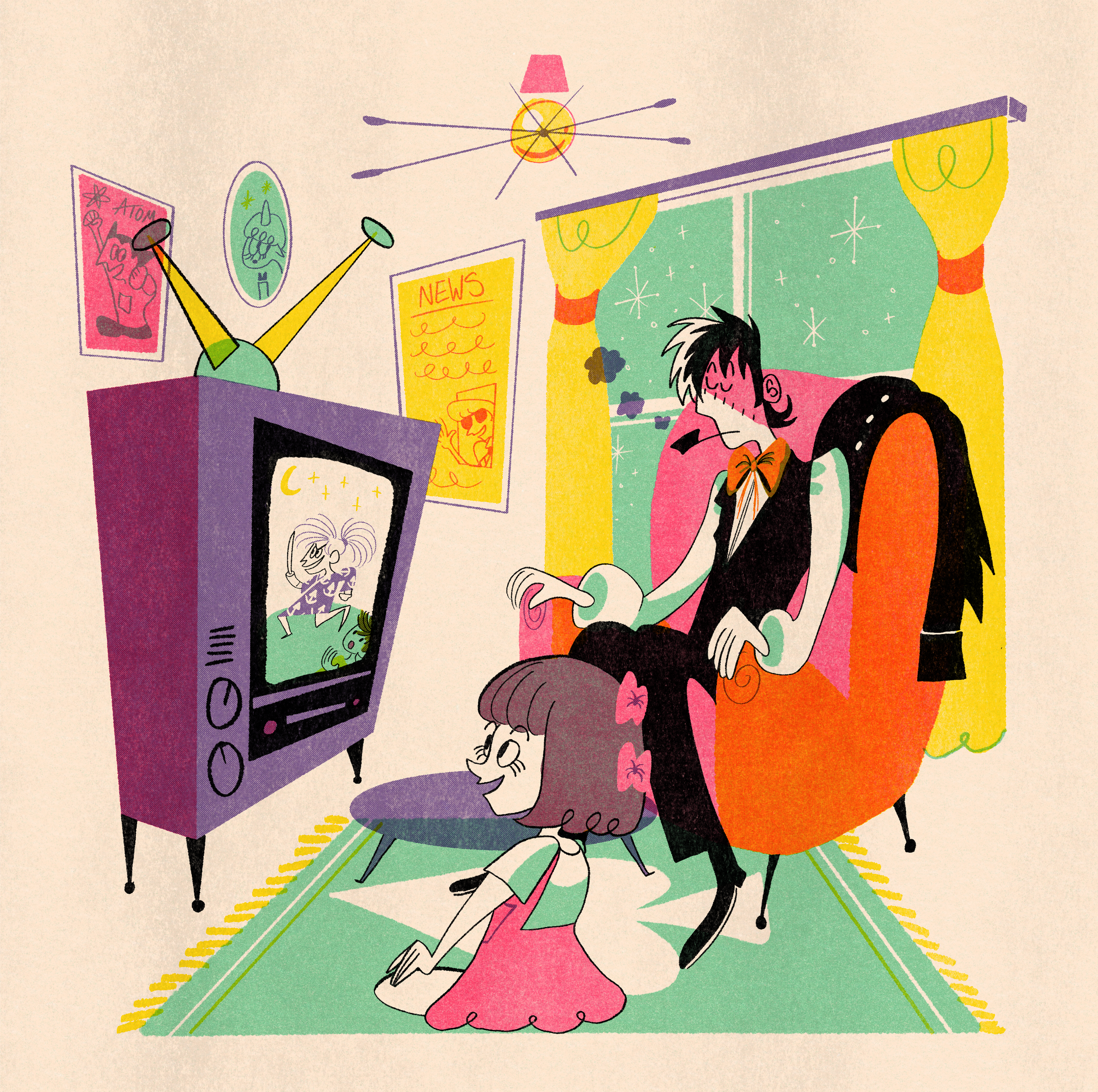 Mid-century modern style home scene with the characters Black Jack and Pinoko from Osamu Tezuka's "Black Jack" seated in front of a television.