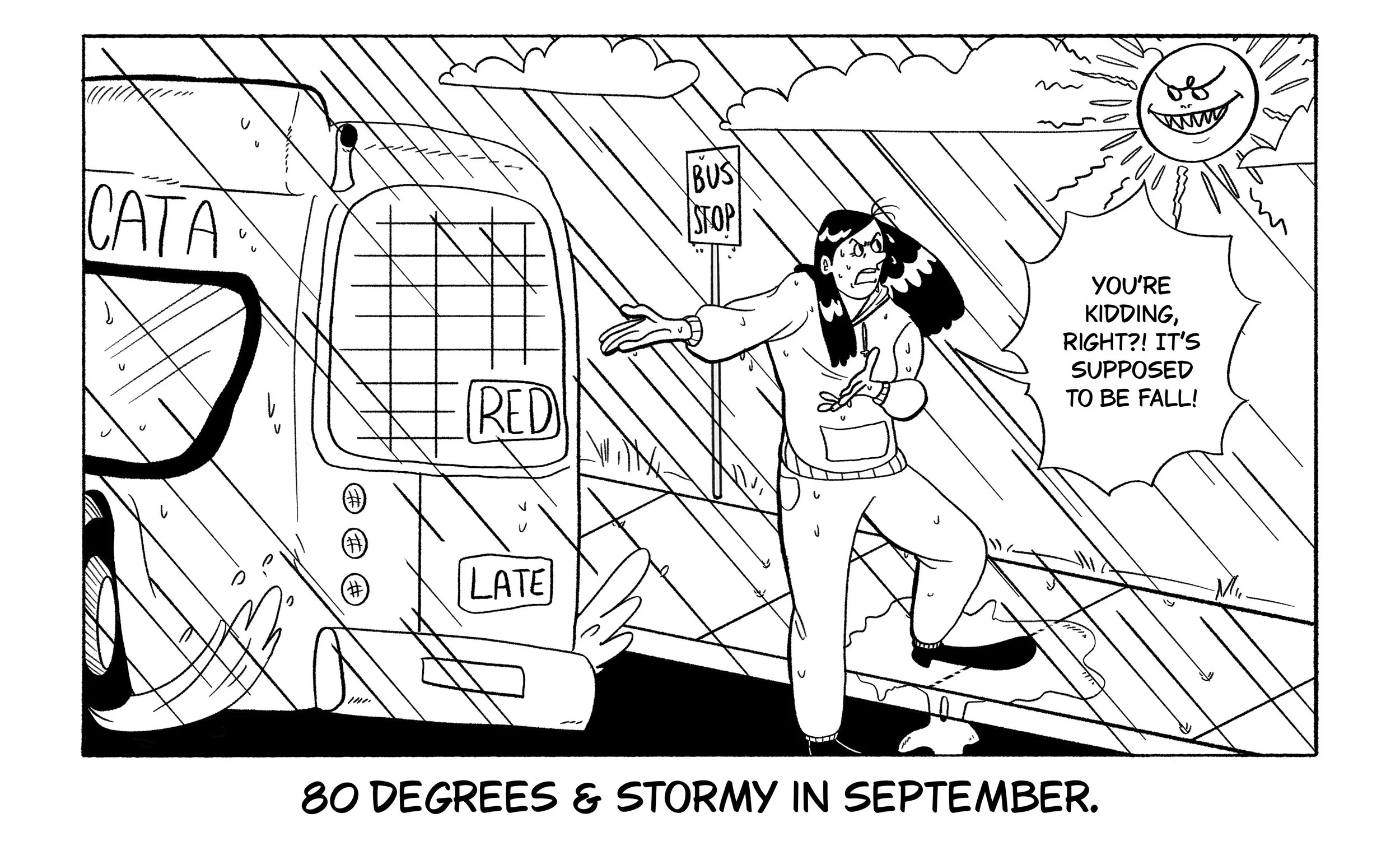 Cartoon depicting Summer-like weather in the Fall