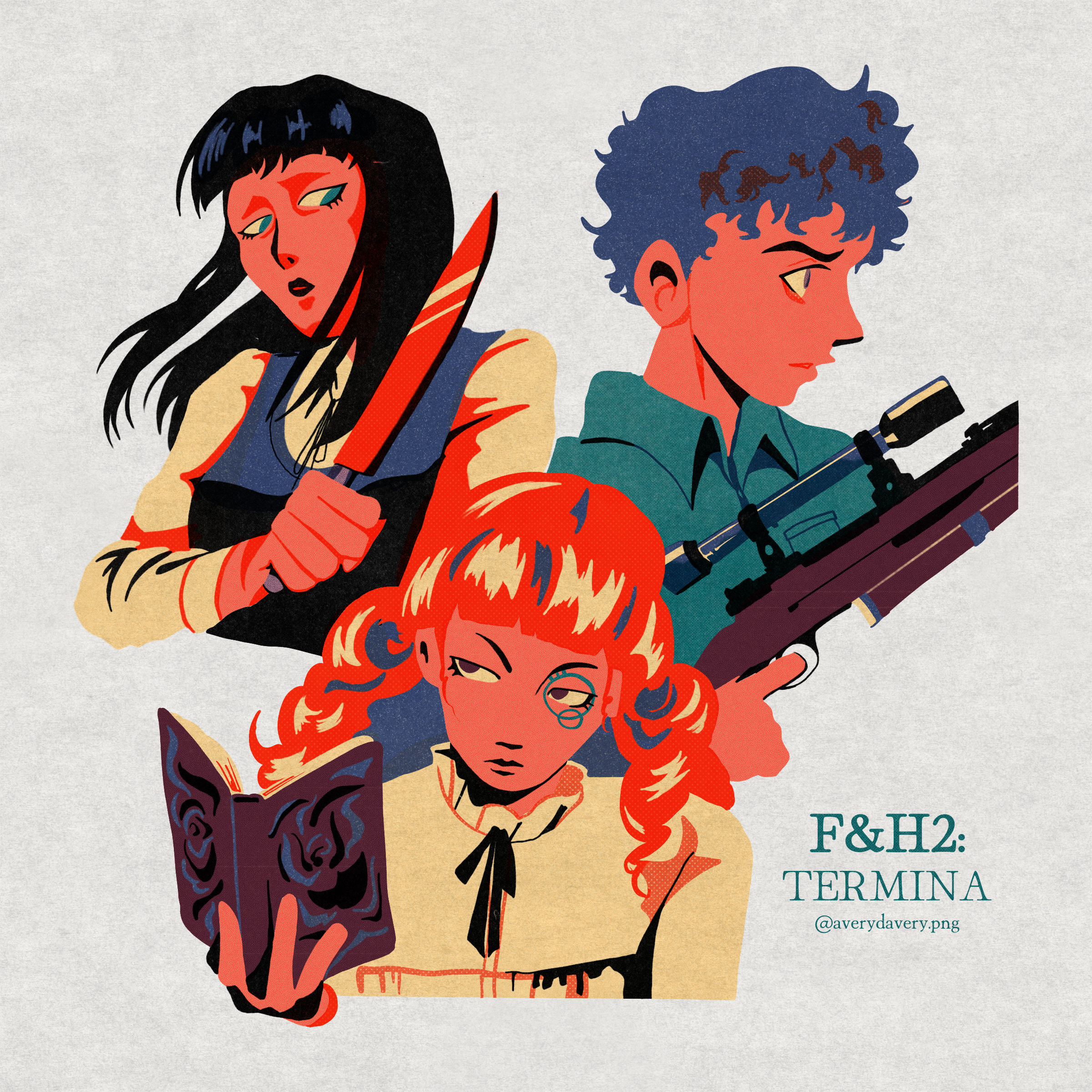 Digital to Physical Risograph design series featuring characters from Fear & Hunger 2: Termina, in the image shows Samarie (top left) with a knife, Levi (top right) with a sniper rifle, and Marina (bottom middle) with a book.