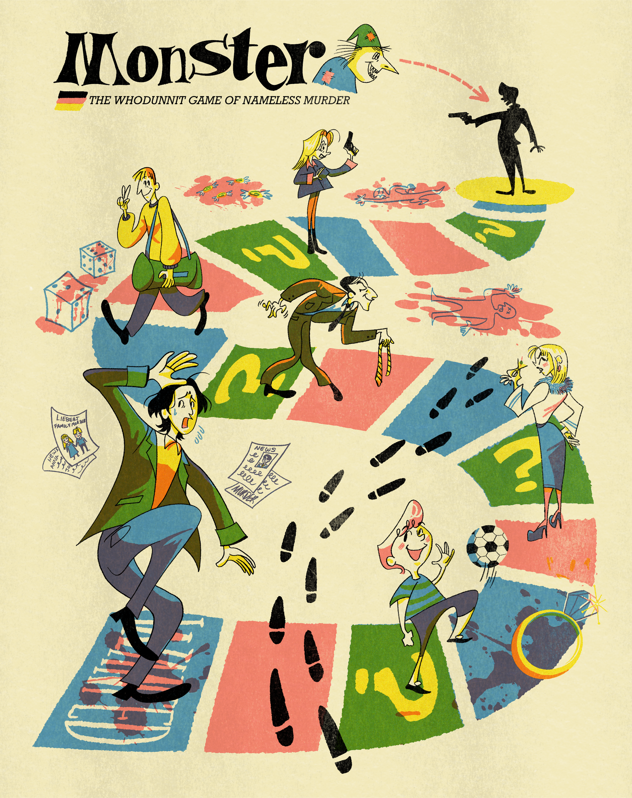 Mid-century Modern style poster mimicking board games like "Twister" and "Candyland" featuring the main characters from Naoki Urasawa's Monster