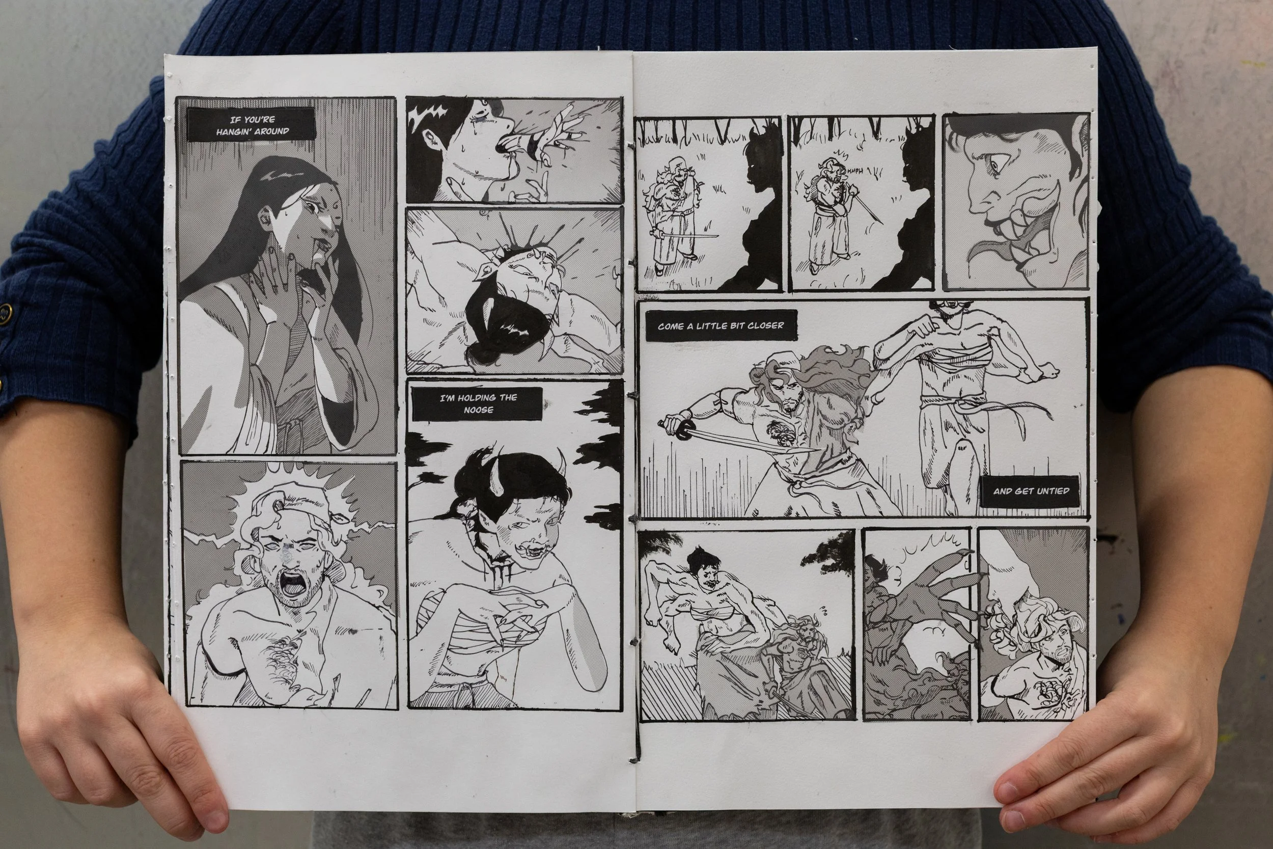 Black and white illustration of a comic book with multiple panels depicting a fight scene, involving characters with intense expressions and action poses.