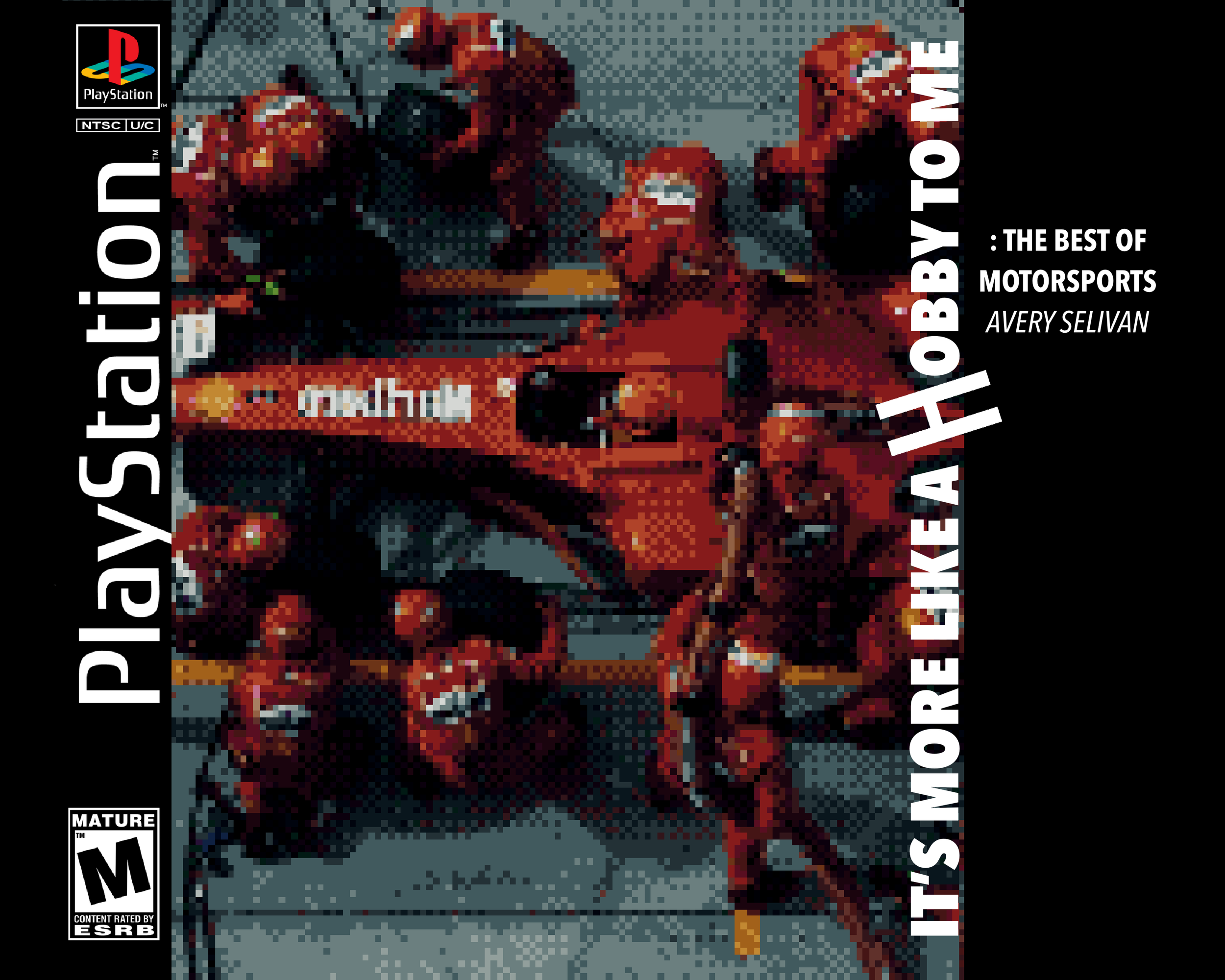 Back and front cover spread of a Print-On-Demand Artist Book about motorsport icons. The cover is pixelized and made to look like a PS1 game.