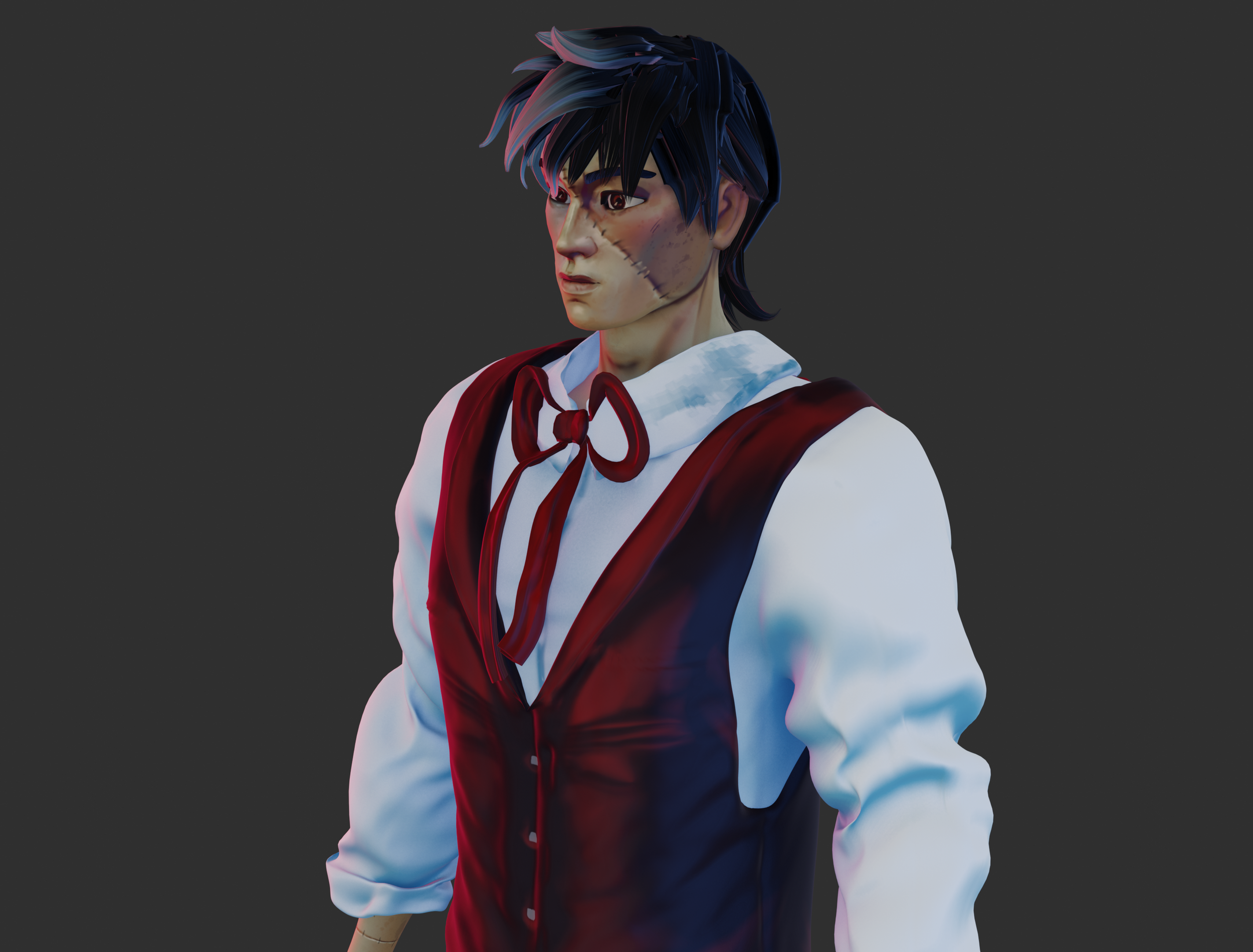 Black Jack model. D animated character of a young man with dark hair, wearing a white shirt with puffy sleeves, a red vest, and a red bow tie, standing against a dark background.