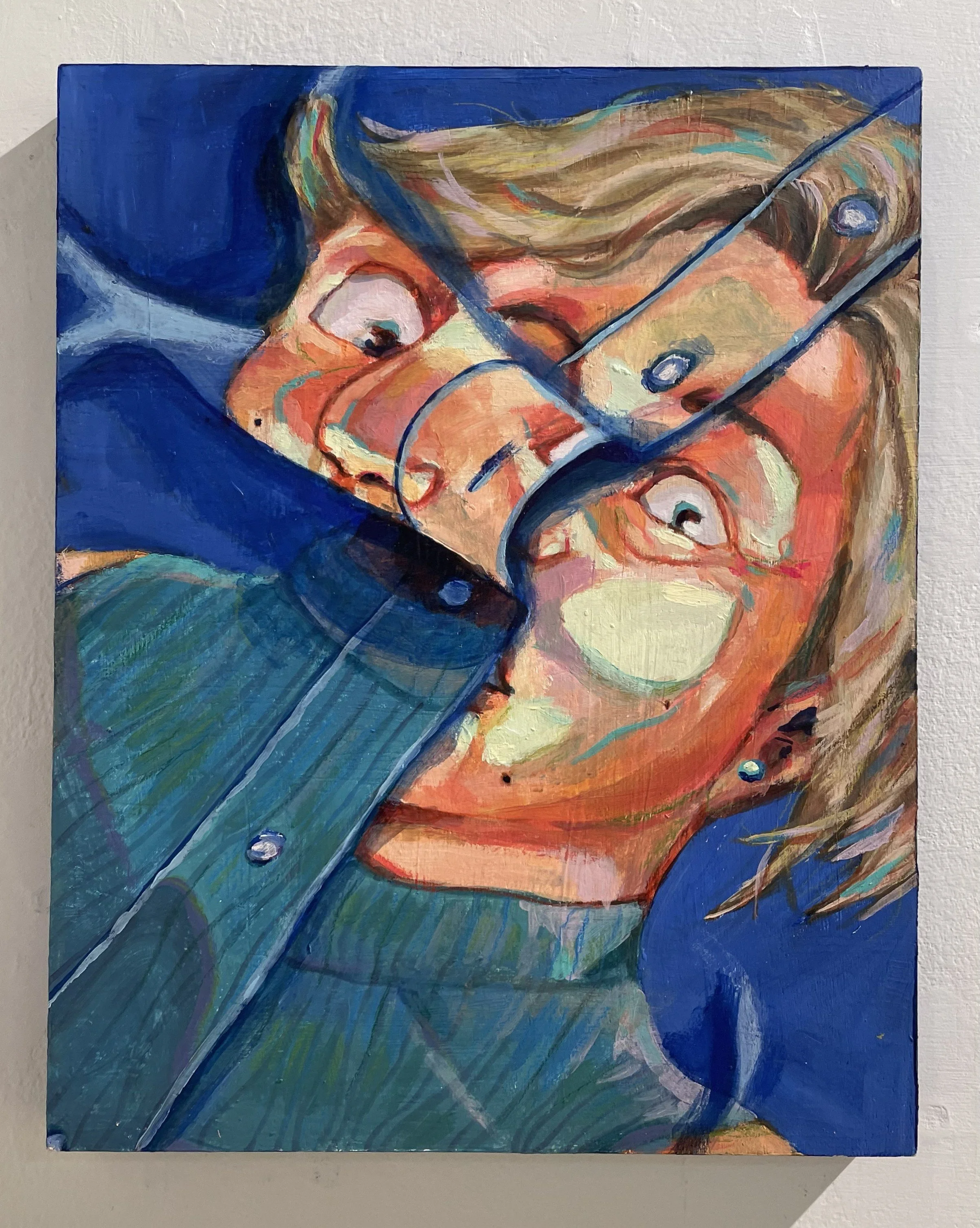 An surreal self-portrait with wide eyes and exaggerated facial features, wrinkling over a button up shirt.