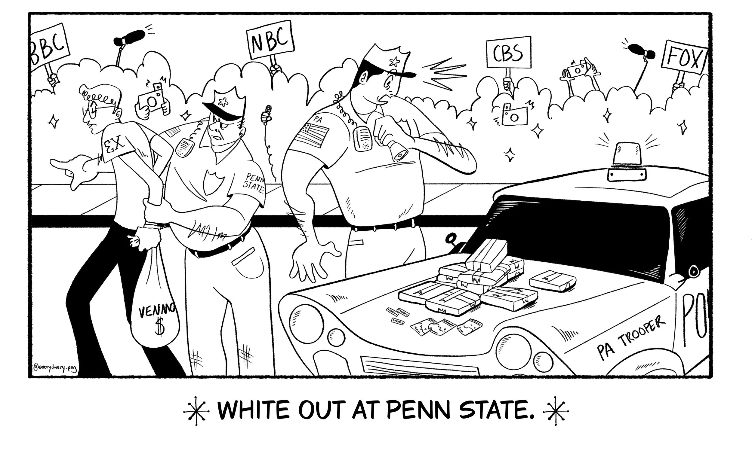 Cartoon Depicting the Fraternity Cocaine Bust at Penn State University
