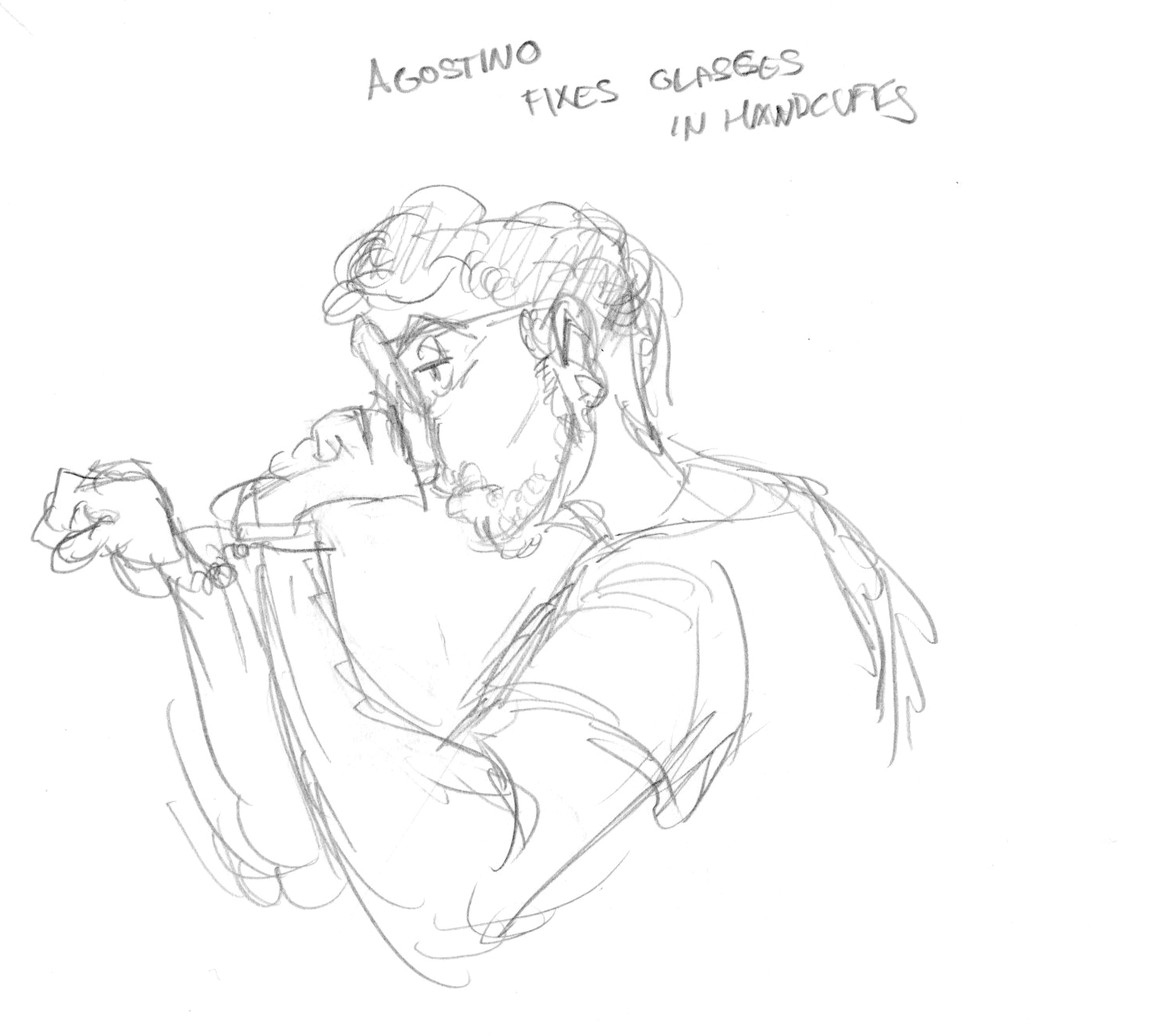 Courtroom sketch of alleged felon Agostino Abbatiello adjusting his glasses while in handcuffs