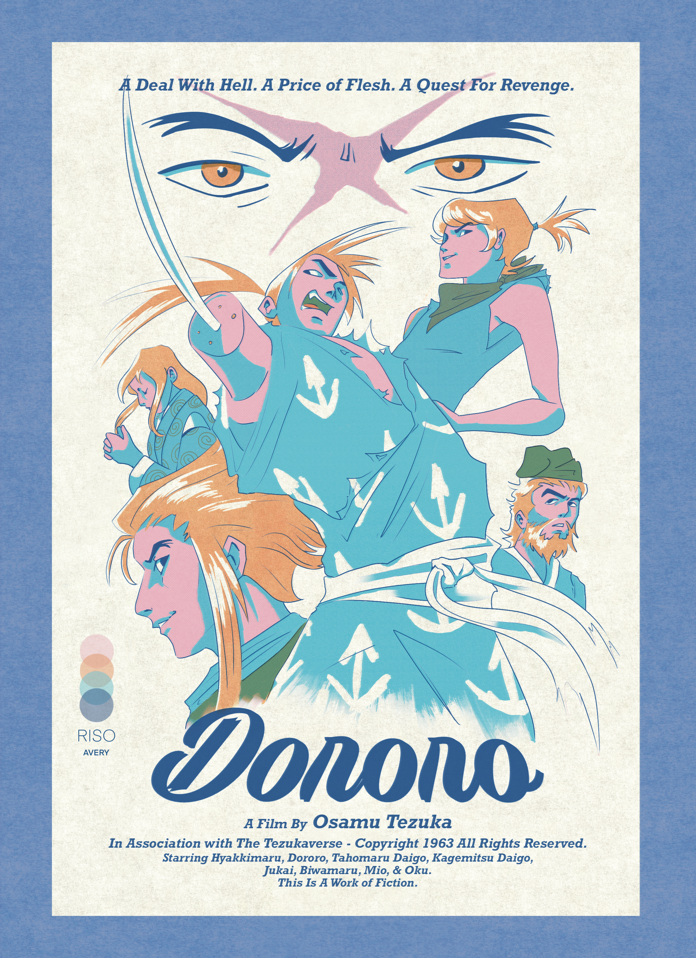 Digitized version of a risograph print. It is a movie poster style artwork of characters from the manga Dororo. This piece was submitted into the 2026 International Tezukaverse Fanzine.