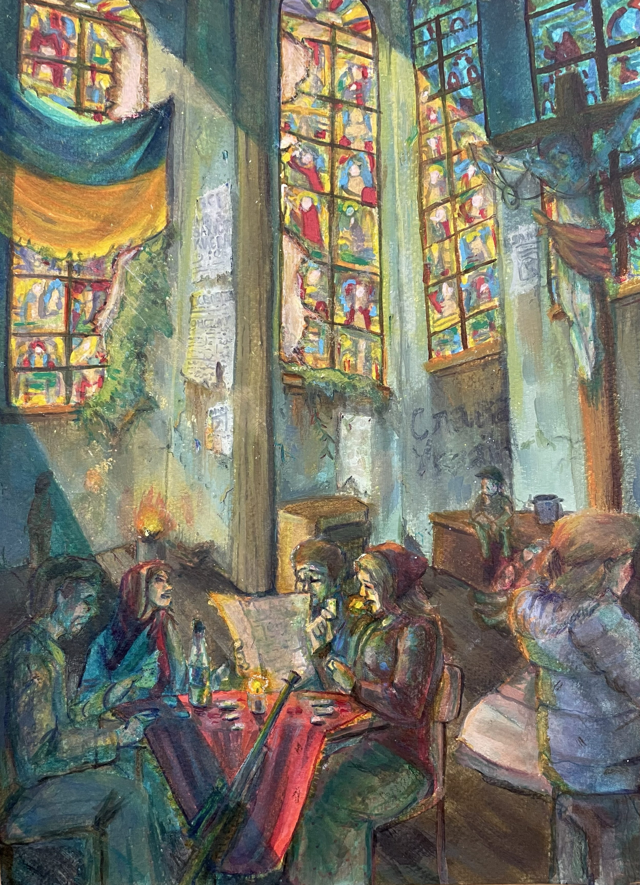 A colorful painting of a Ukrainian refugee encampment in a church.
