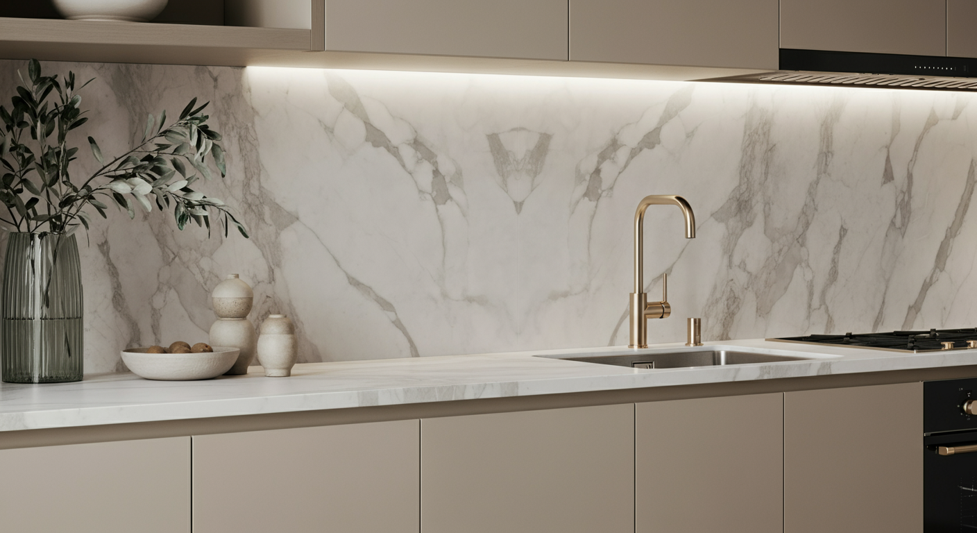Modern kitchen with a beige countertop, marble backsplash, gold faucet, beige cabinets, and a built-in stove.
