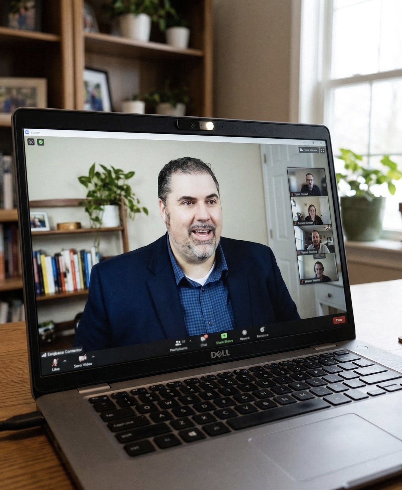 Laptop screen showing a video conference call with a man speaking, and four other participants in small video windows on the right side.