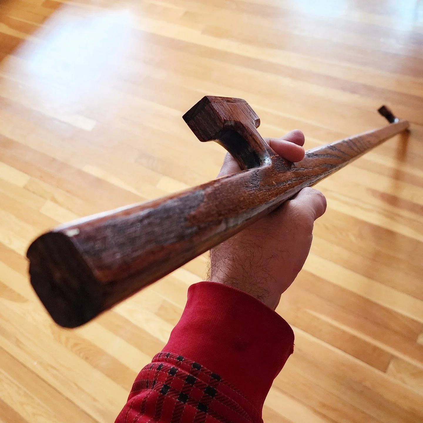 #stick. Behold, the Stretch Stick, made for mi padre. It's a 6' oak and maple walking stick with two dual fingerholds set about 4' apart to make stretching with a lever fun and easy. Had a lot of fun designing this one. #woodwork