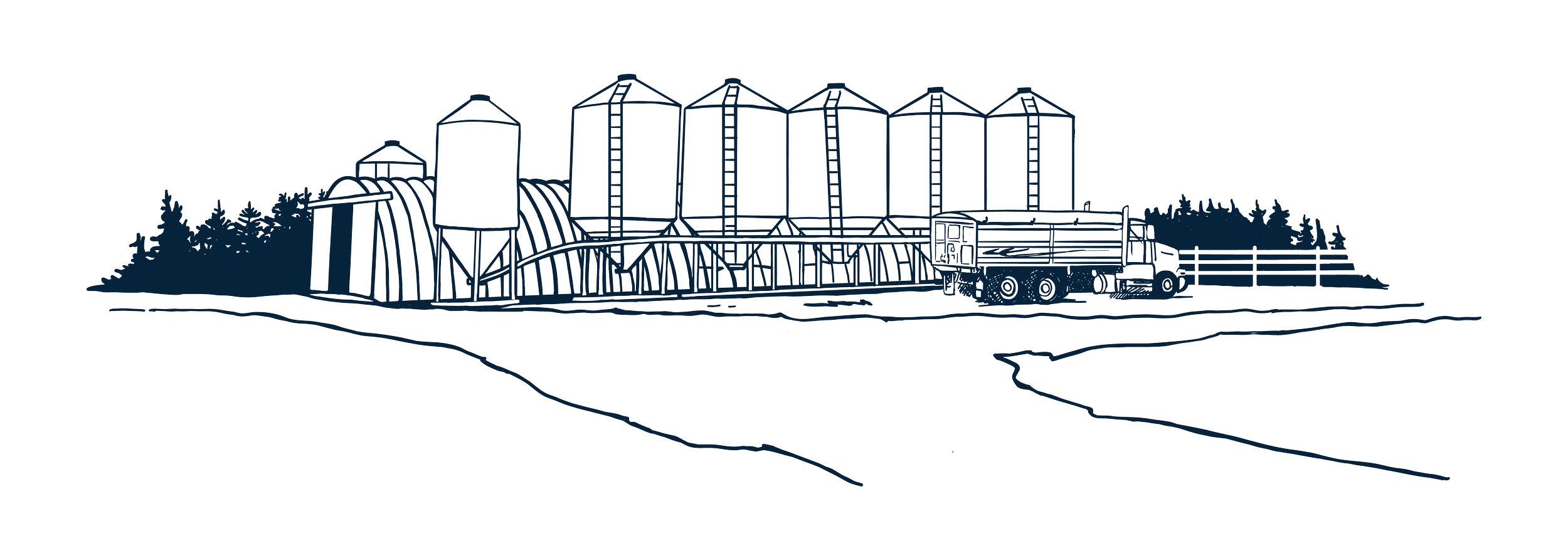 A line drawing of a farm with silos, barns, and a truck on the field.