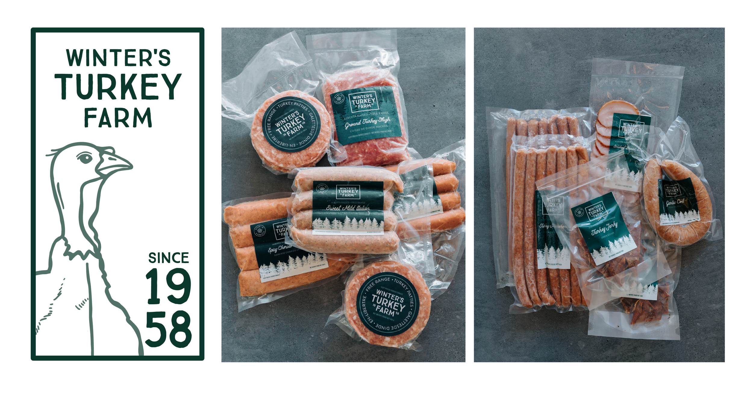 Winter's Turkey Farm products including: ground turkey, turkey patties, and turkey sausages.