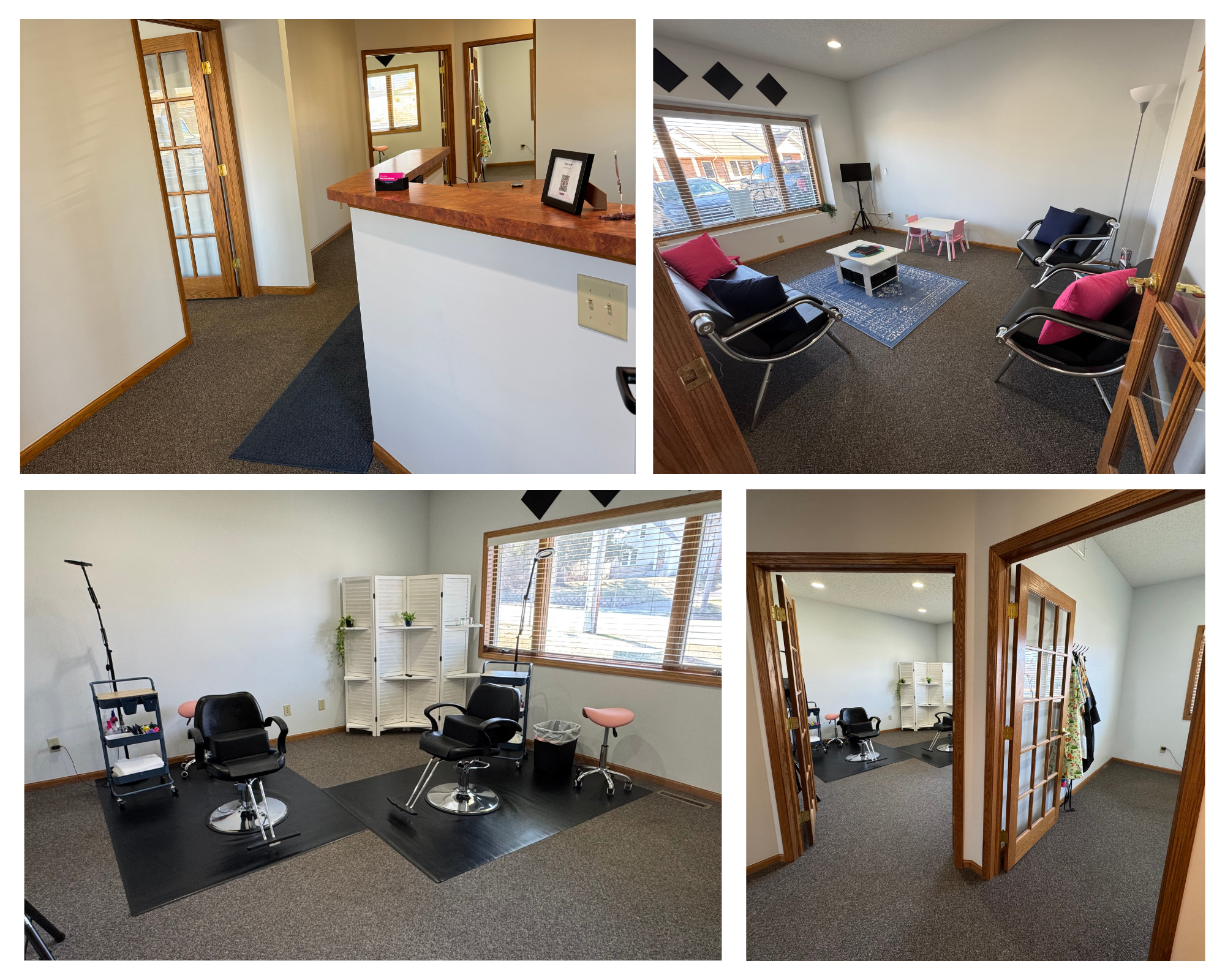 A waiting or meeting room with chairs, a small table, and a large window showing parked cars outside.