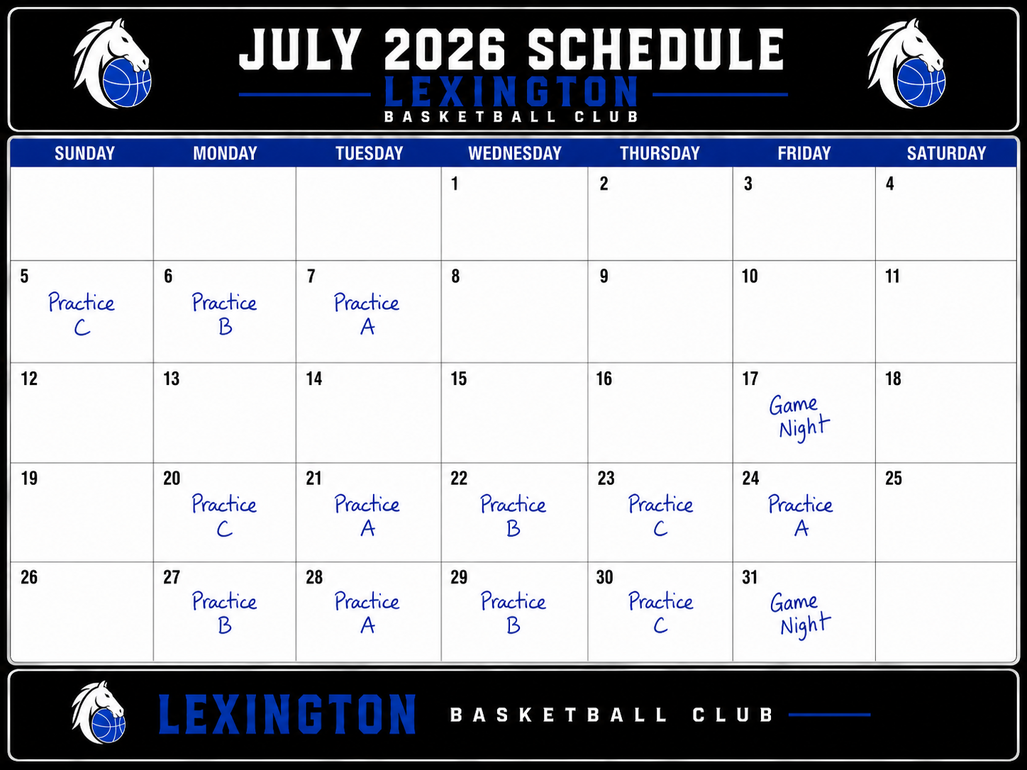 July 2026 schedule for Lexington Basketball Club, with practice details marked on specific days and mentions of game nights on the 17th and 31st.