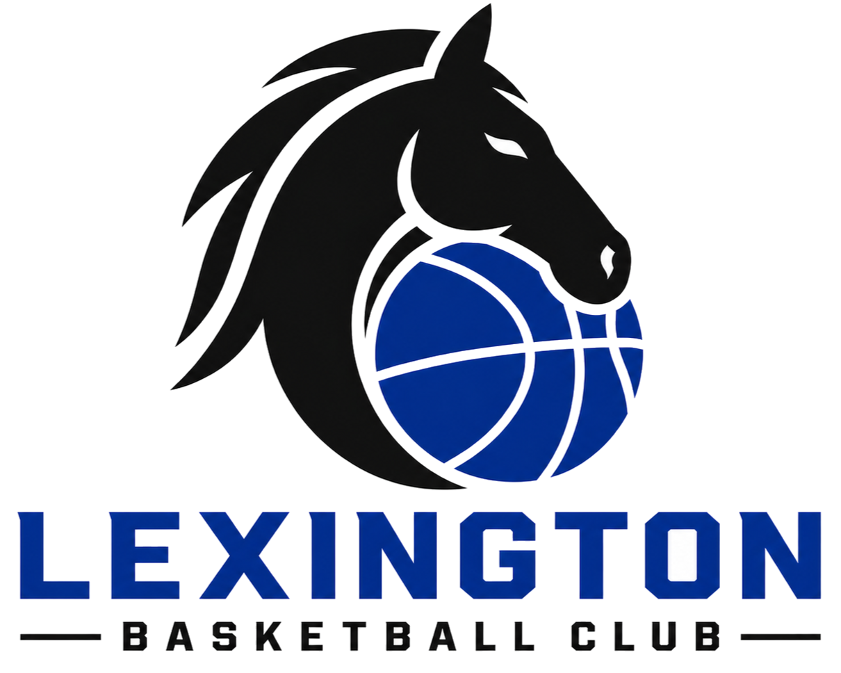 Lexington Basketball Club logo featuring a black horse head with a stylized blue basketball and the words 'Lexington Basketball Club' beneath it.