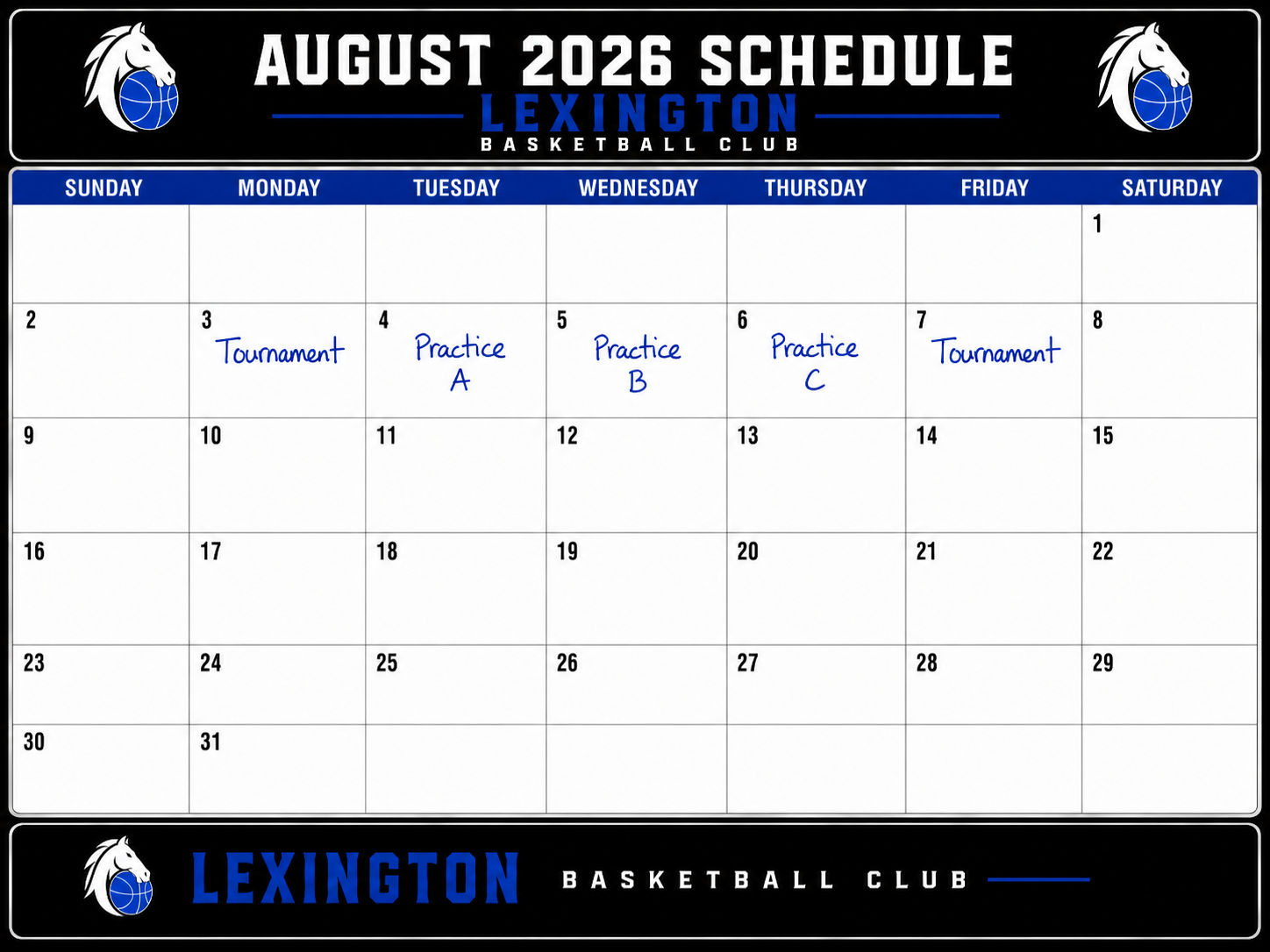 August 2026 schedule for Lexington Basketball Club, showing events like tournaments on August 3 and 7, and practices A, B, and C on August 4, 5, and 6. The schedule is in a calendar format with days of the week from Sunday to Saturday.