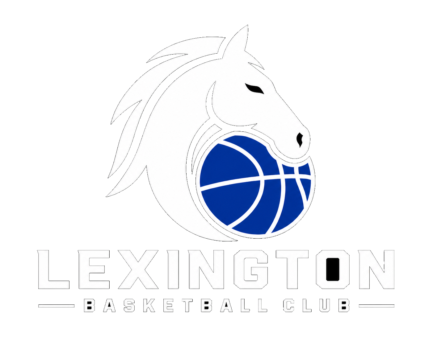 Lexington Basketball Club logo featuring a stylized white horse head with a blue basketball in its mouth, and the text 'Lexington Basketball Club' underneath.