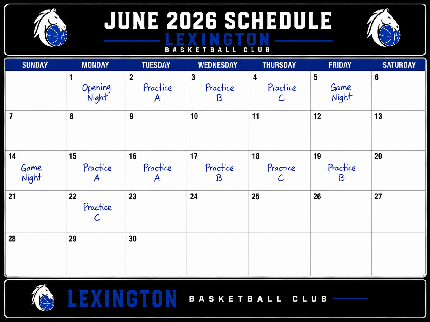 June 2026 schedule for Lexington Basketball Club, showing practice and game nights, with days labeled Sunday through Saturday, and notes in blue handwriting indicating specific events such as practice A, B, C, and game nights.