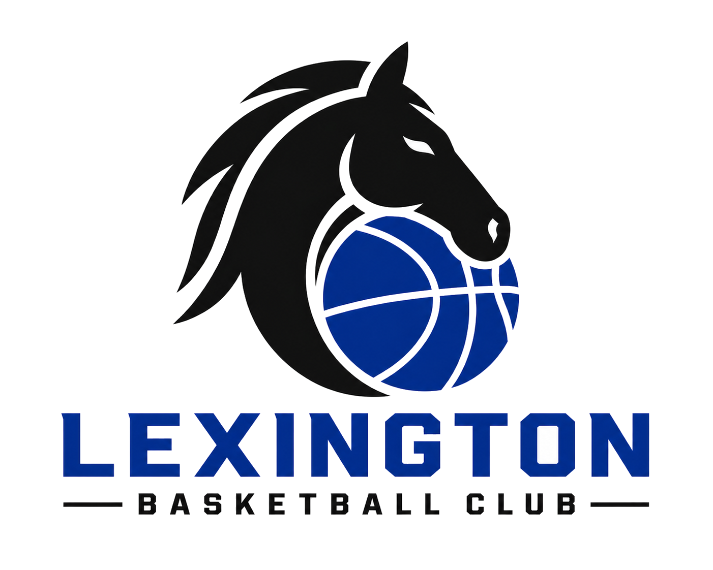 Lexington Basketball Club logo featuring a black horse's head and a blue basketball, with the name in blue and black text.