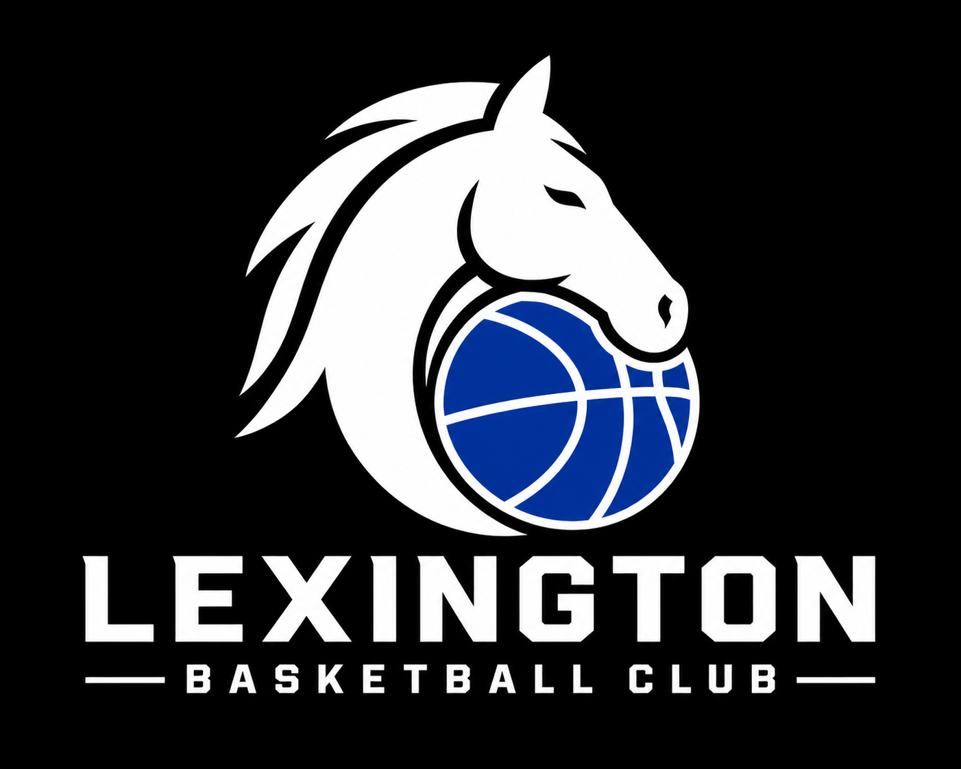 Logo of Lexington Basketball Club featuring a stylized white horse head with a blue basketball, on a black background.