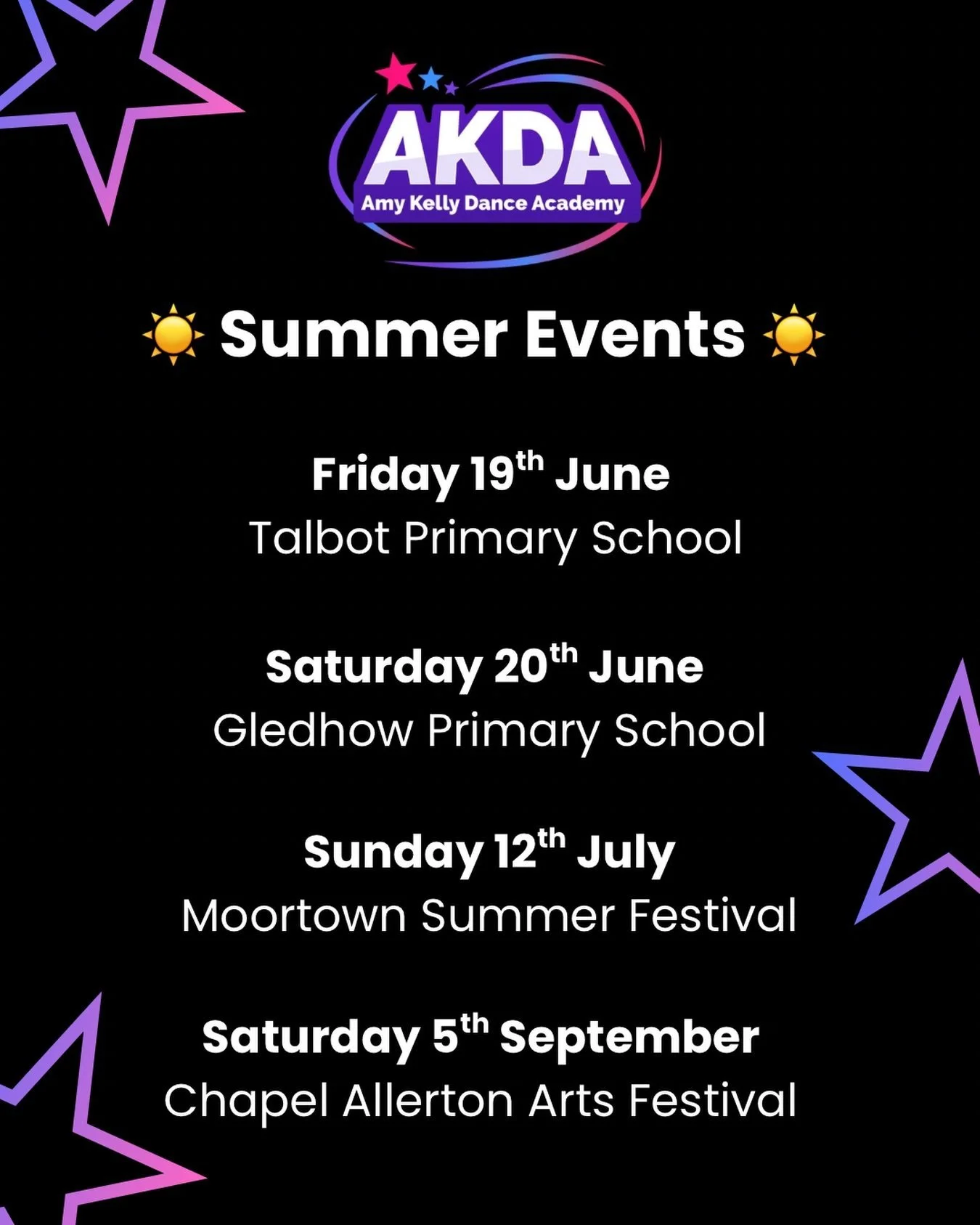 We&rsquo;re jam-packed this summer! ☀️🎉

We&rsquo;ve got a busy few months ahead. We can&rsquo;t wait to bring AKDA to even more local events and dance with you all! Will we see you at any? 👀

We&rsquo;ll be running FREE workshops at every event, s
