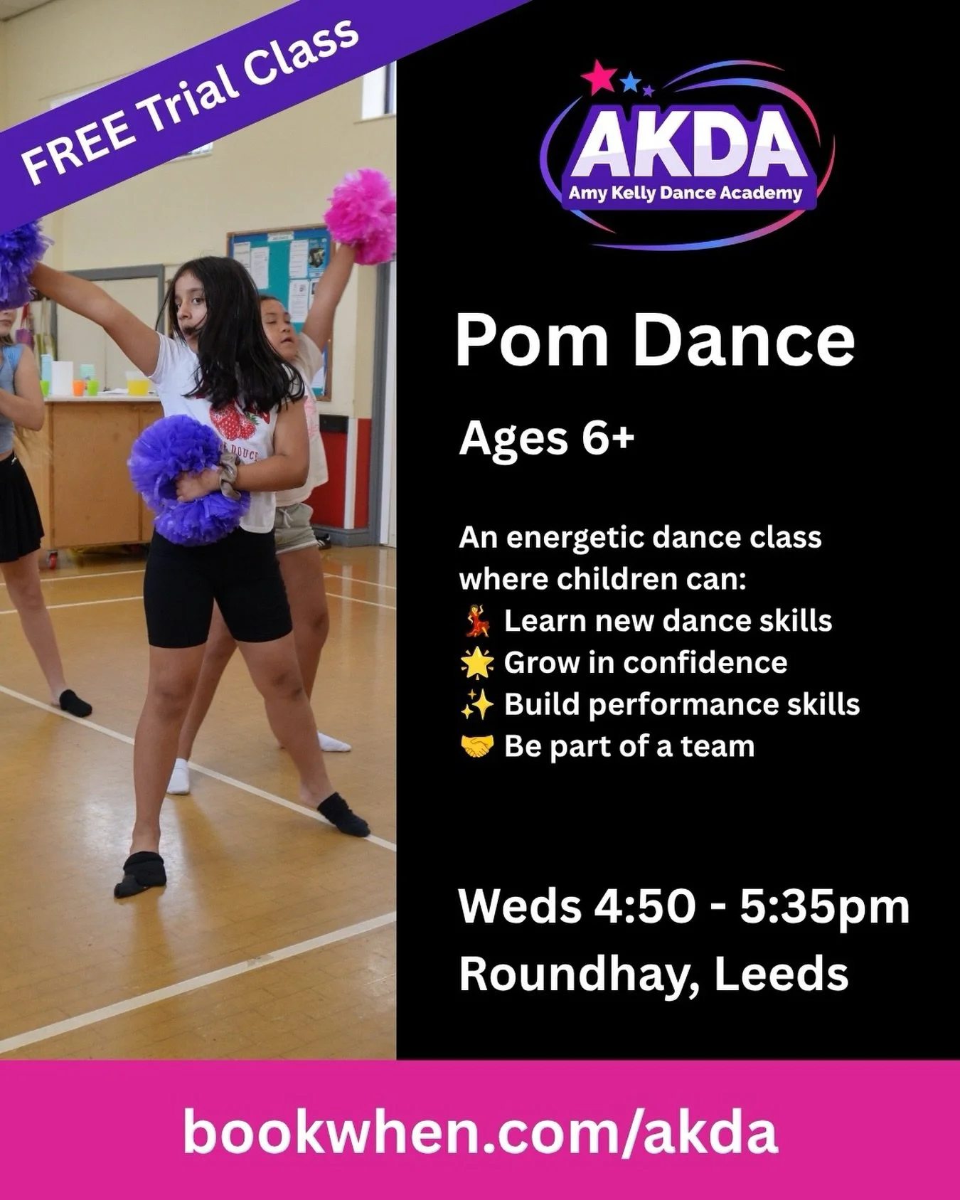 Does your child love to dance and perform? 📣💃
Are they full of energy, love dancing along to their favourite song and putting on a show? 

Then our Pom Dance class could be the perfect fit for them! 💜

Pom Dance combines dynamic dance elements, po