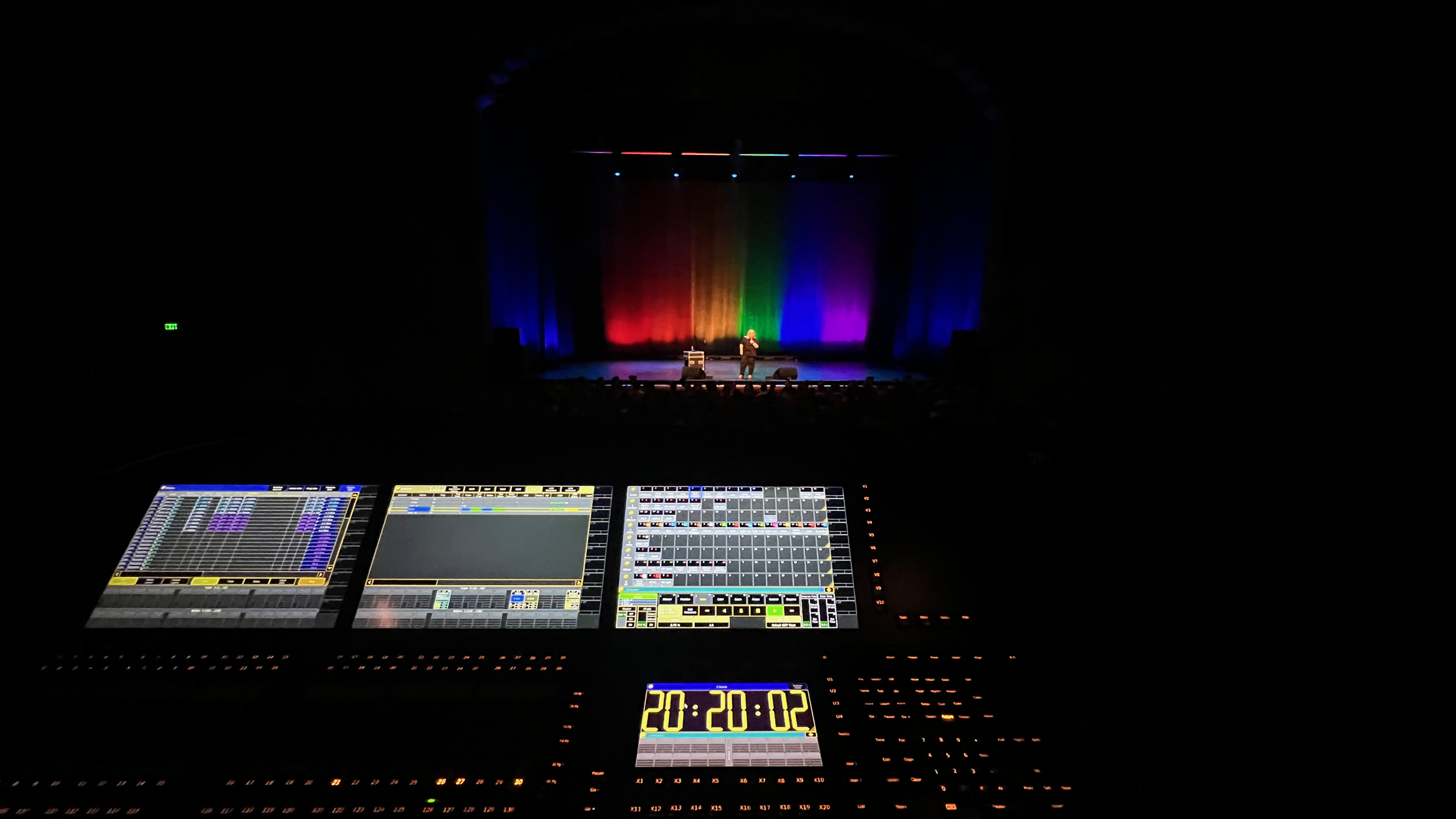 A photo behind the lighting desk at the Civic Theatre before an Urzila Carlson show