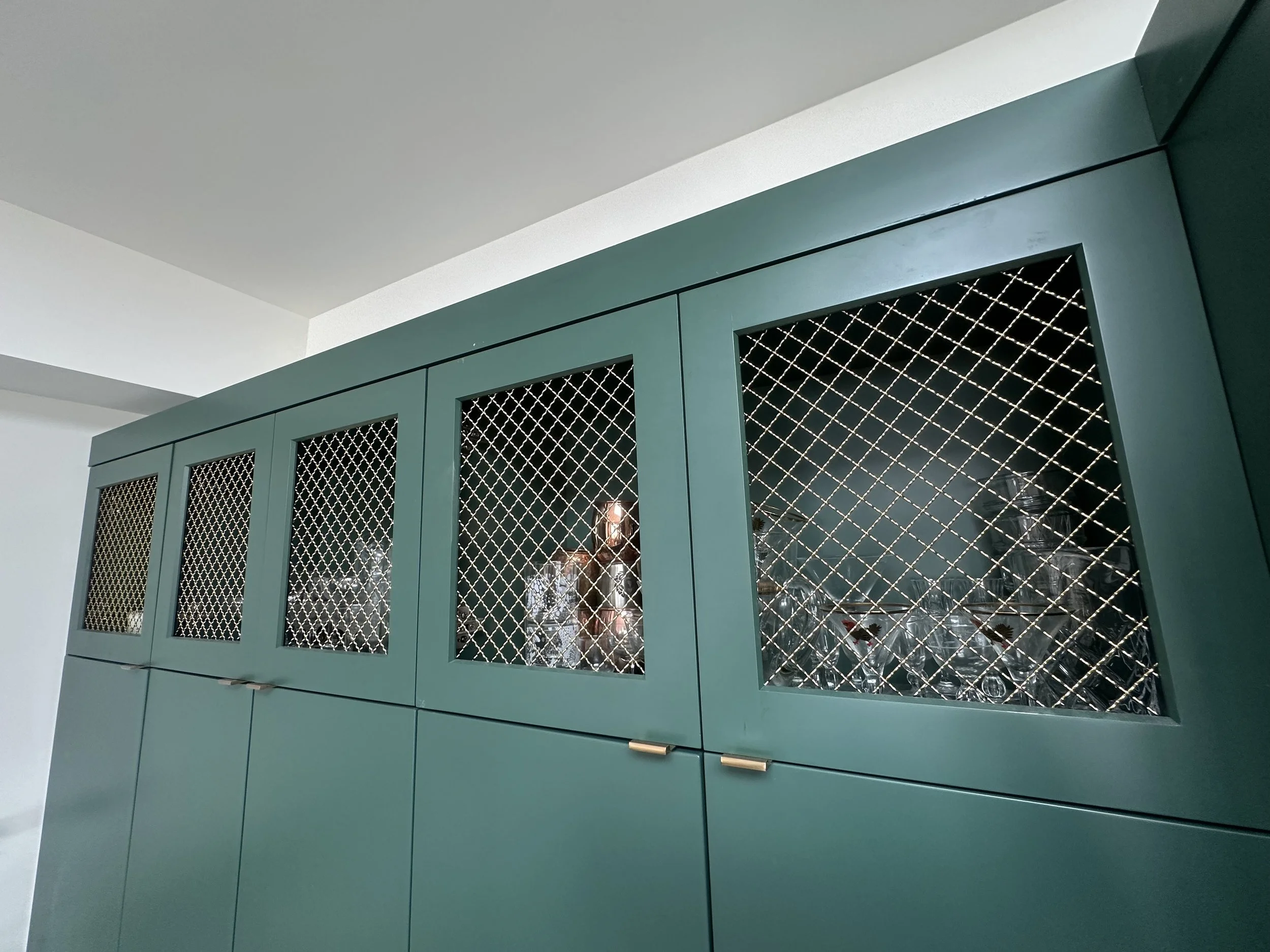custom green cabinet installation with mesh doors – commercial property in Los Angeles