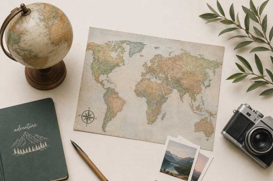 Flat lay of travel-themed items including a globe, world map, adventure notebook, pen, two landscape photographs, a vintage camera, and a sprig of greenery on a white surface.