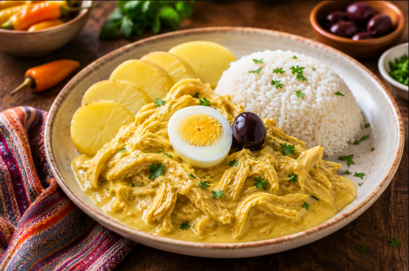 Plate of chicken curry with yellow sauce, served with white rice, sliced potatoes, a halved boiled egg, and garnished with cilantro, on a rustic table with small bowls of olives and herbs in the background.
